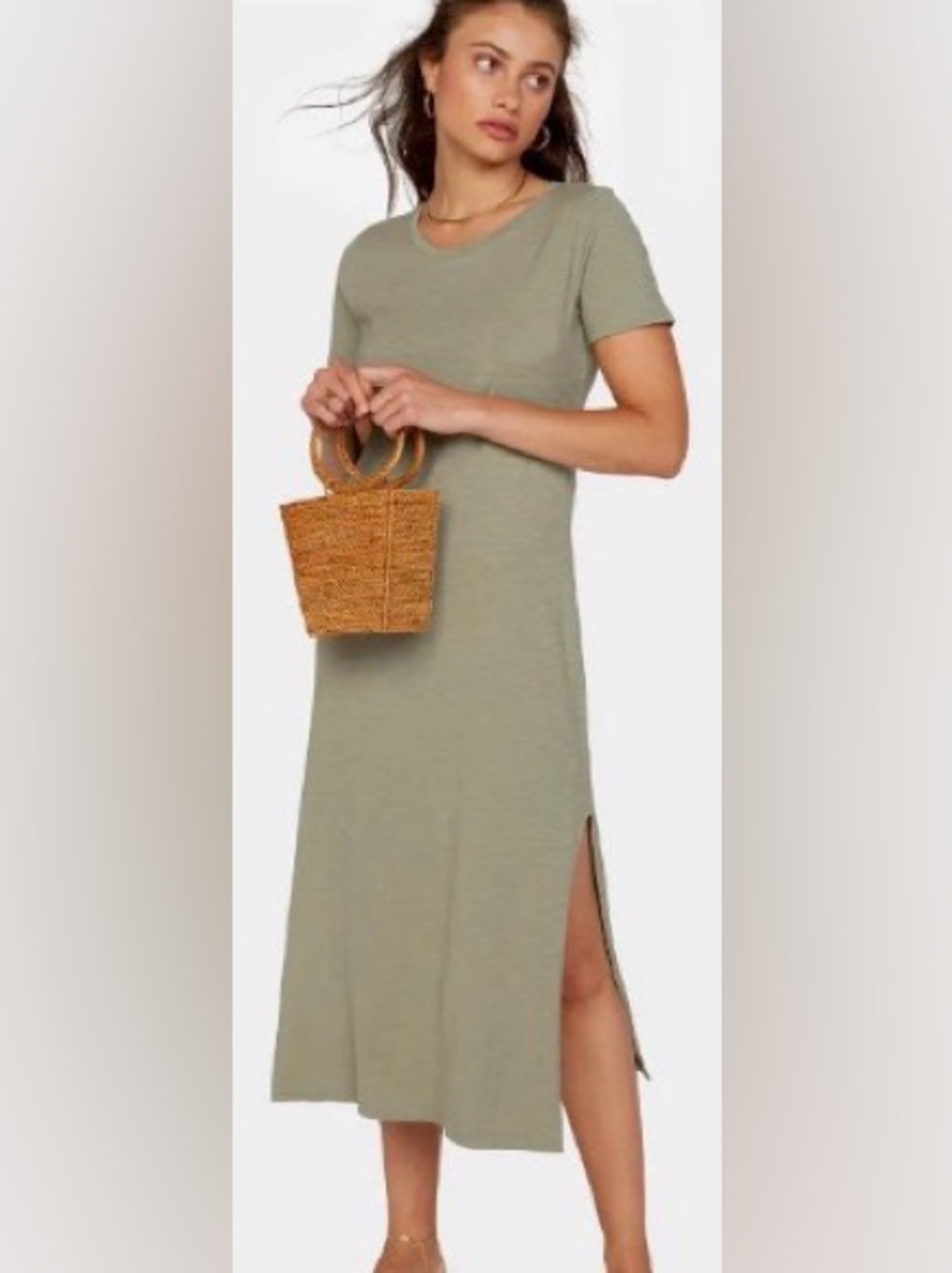 MATE the Label Organic Cotton Tee Midi Dress Sage Green XS Side Slits
